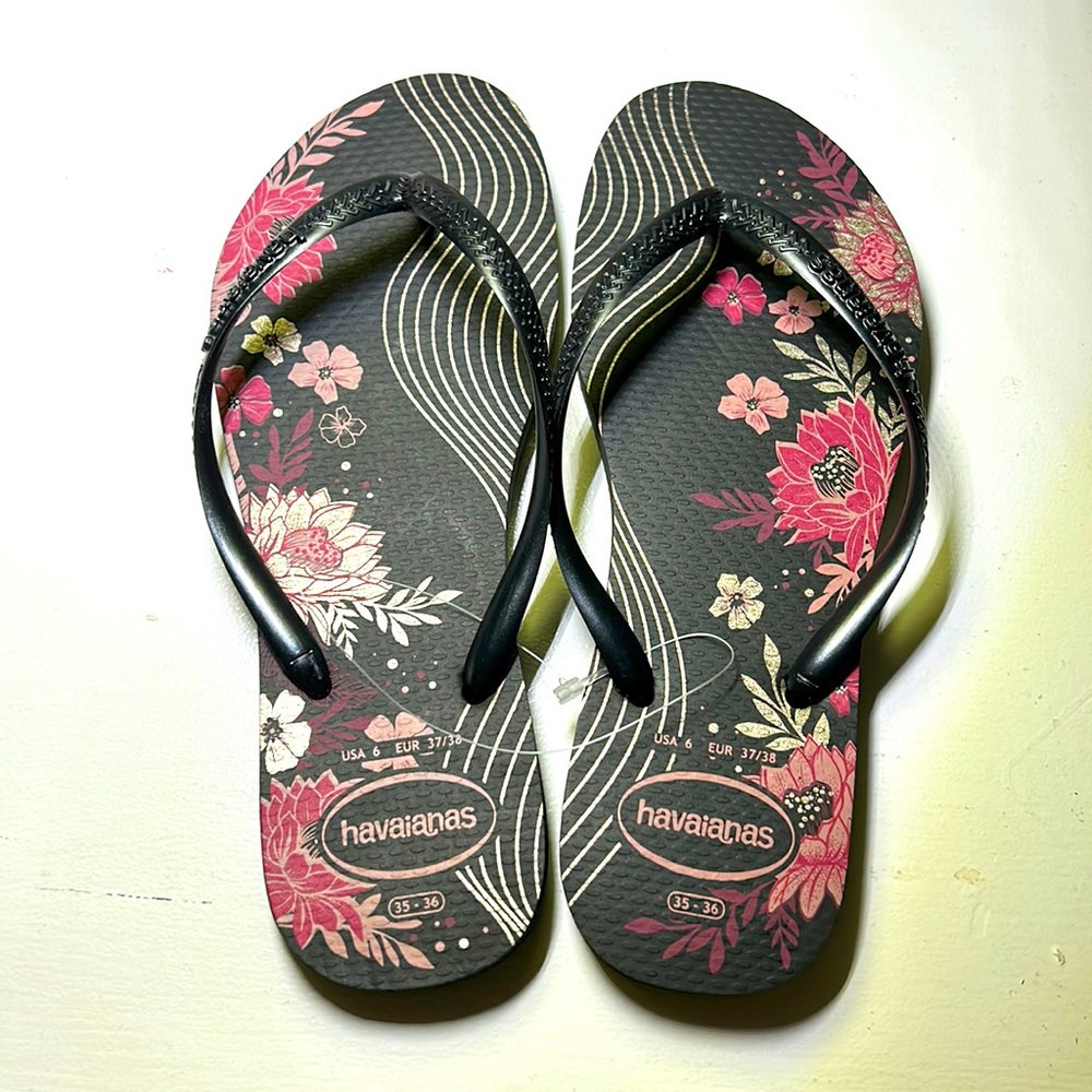 Havaianas Womens Slim Black/Pink Thong Flat Summer Flip-Flops Sandals Ne…